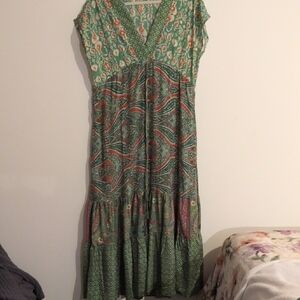 Bloom Green and Pink Ruffled Maxi Sundress